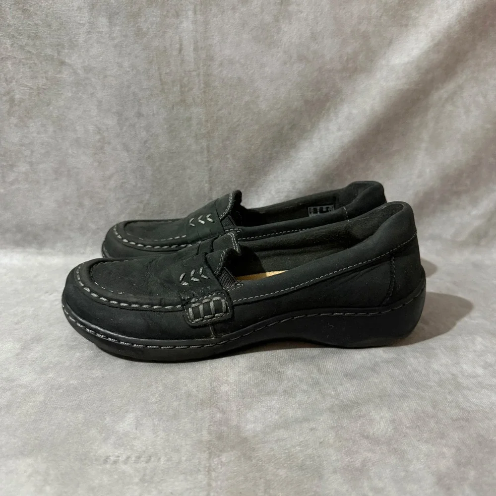 Clarks Collection Loafers Womens 5 Black Good Nubuck Leather Slip On Comfort